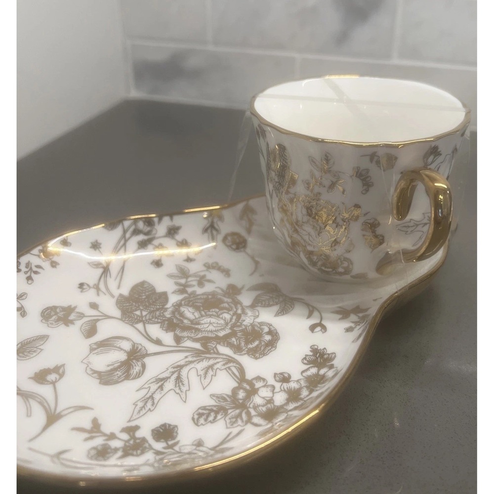 NEW-2 Grace Teaware Fine Porcelain Teacup & Snack Plate Set Golden Floral